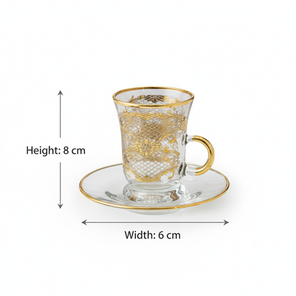 Tea Istikan Set – 6 Pieces with Plates Gold - (130cc, Turkish Made)
