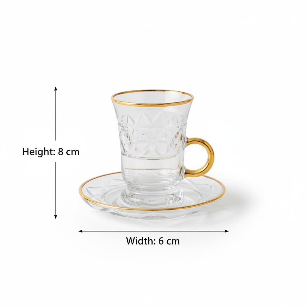 Tea Istikan Set – 6 Pieces with Plates G/Line - (130cc, Turkish Made)