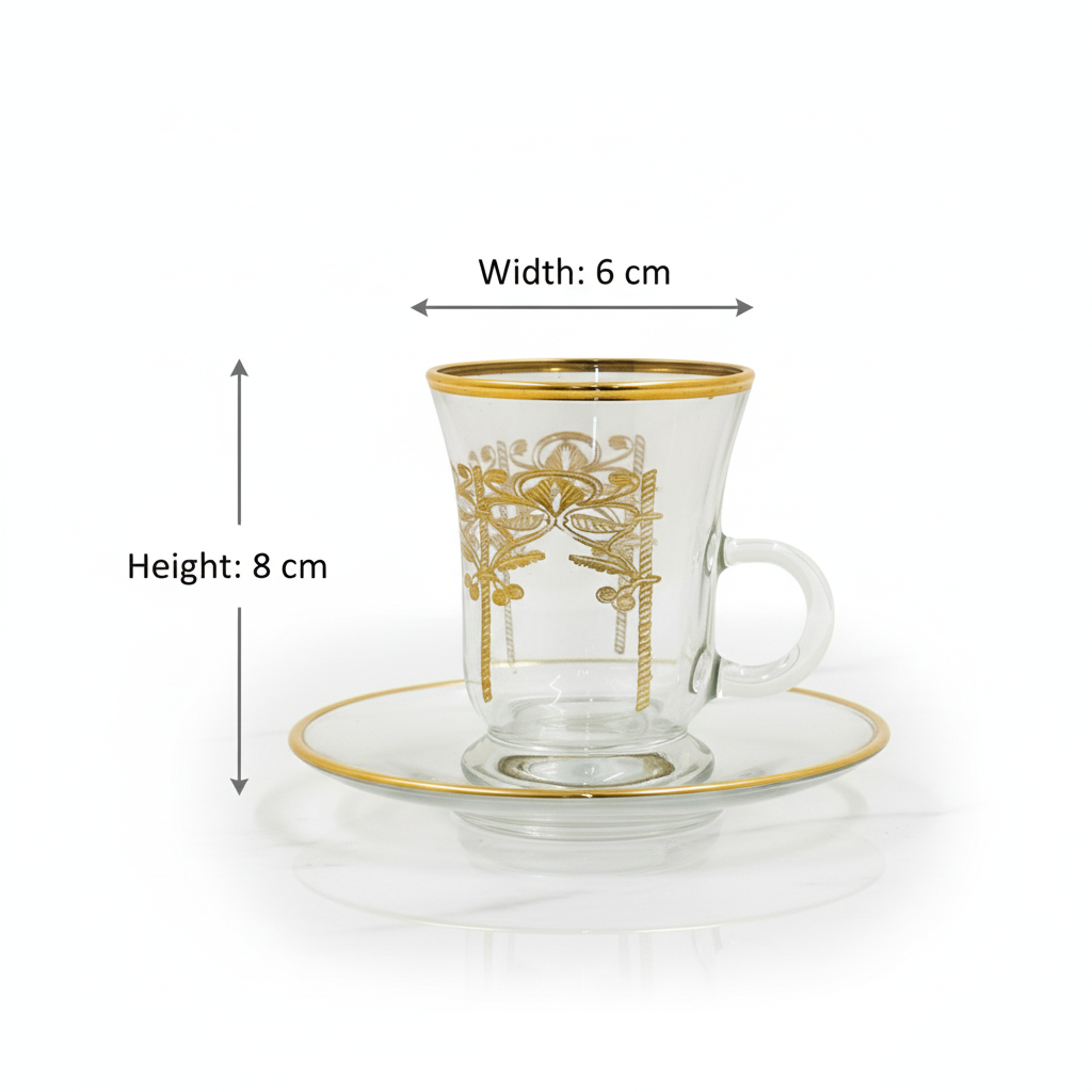 Tea Istikan Set – 6 Pieces with Plates Gold - (130cc, Turkish Made)