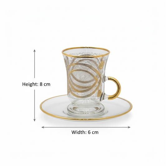 Tea Istikan Set – 6 Pieces with Plates NHGold - (130cc, Turkish Made)