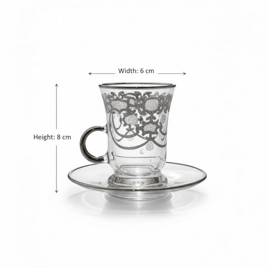 Tea Istikan Set – 6 Pieces with Plates Silver - (130cc, Turkish Made)