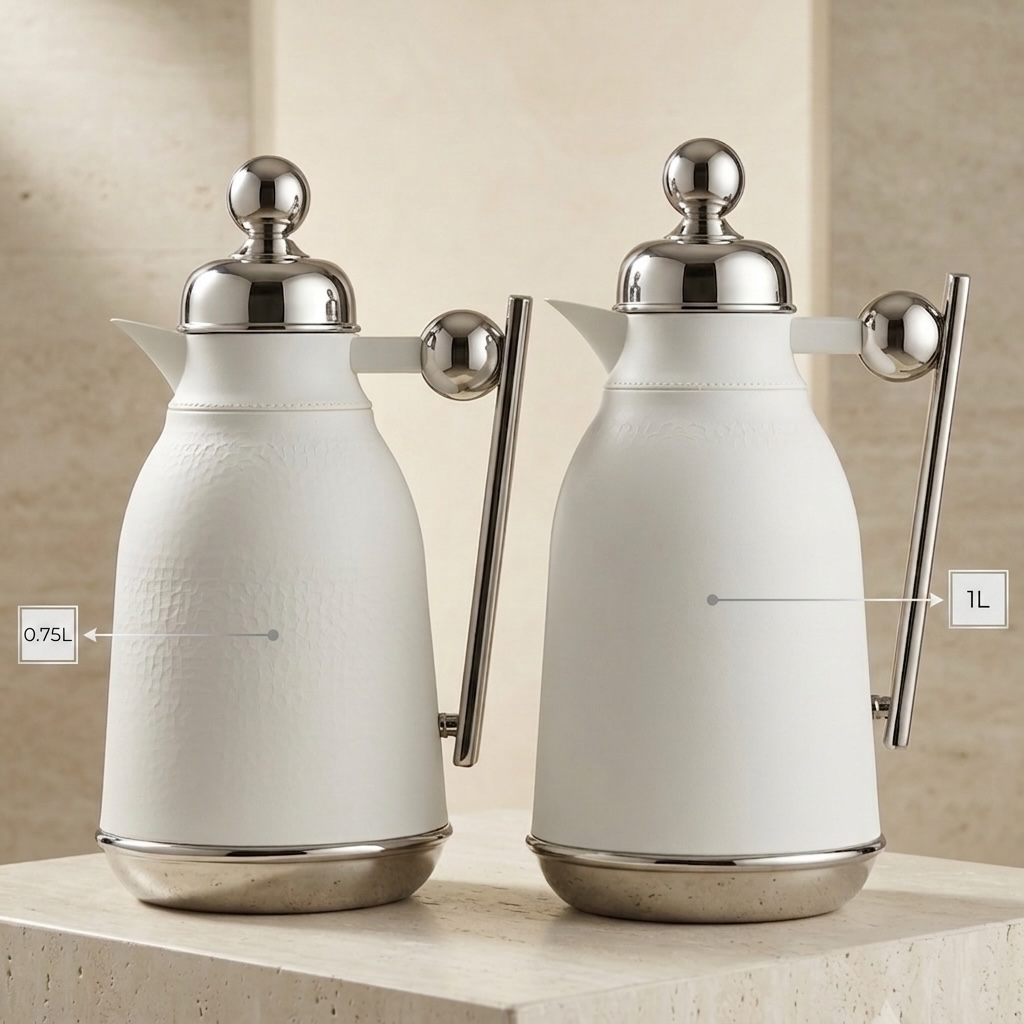 Modern Pearl White & Polished Silver Thermal Carafe Set (0.75L & 1L)