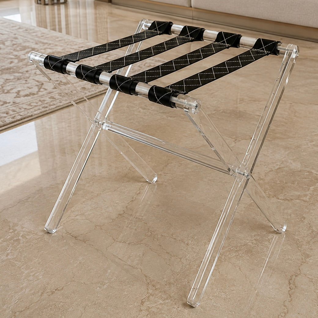 Luxury Transparent Acrylic Folding Side Table Set with Stitched Black Leather Straps – 2 Pieces