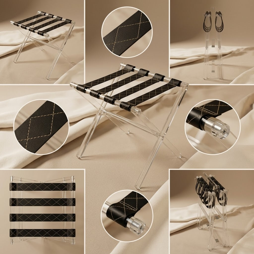 Luxury Transparent Acrylic Folding Side Table Set with Stitched Black Leather Straps – 2 Pieces