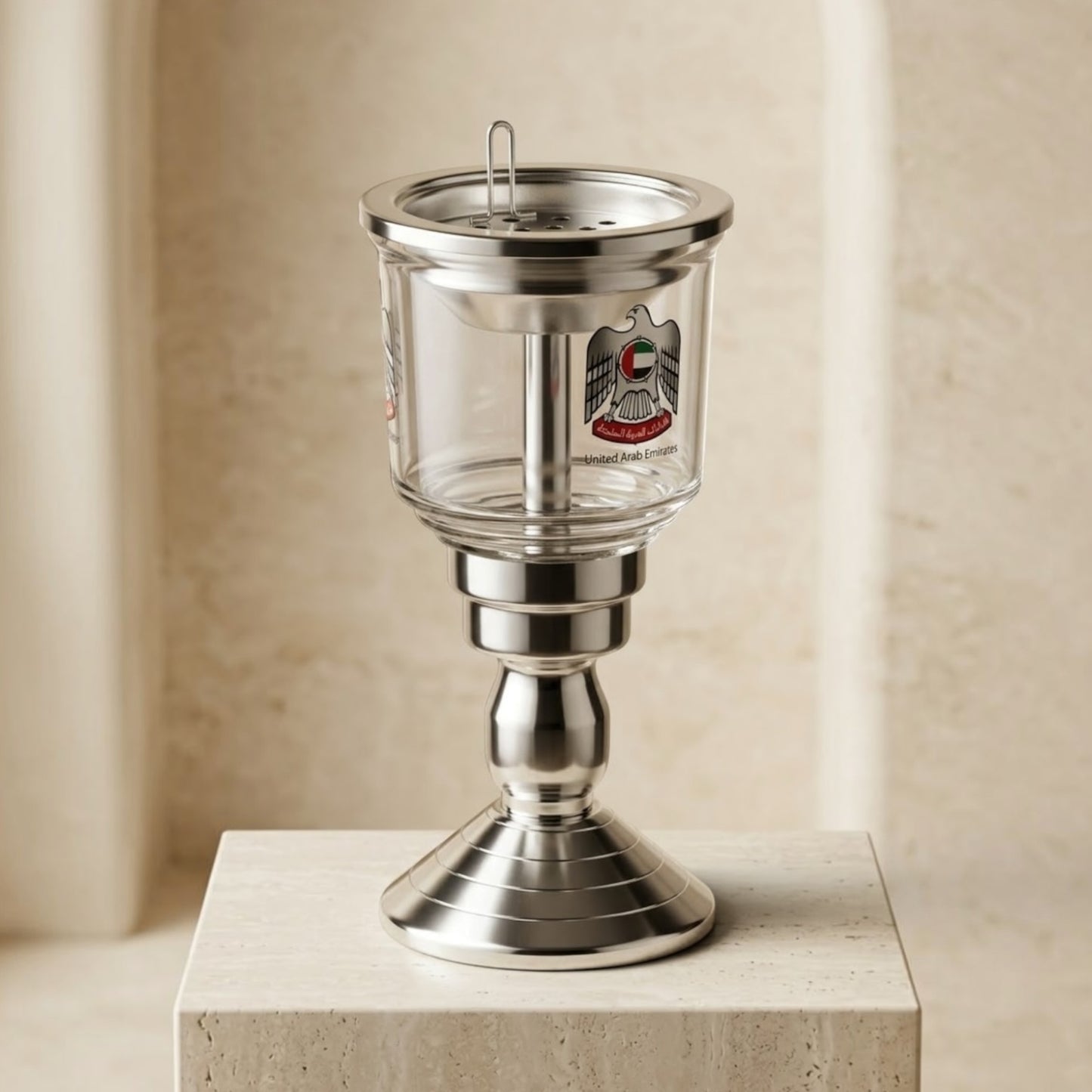 UAE Emblem Glass & Stainless Steel Pedestal Incense Burner
