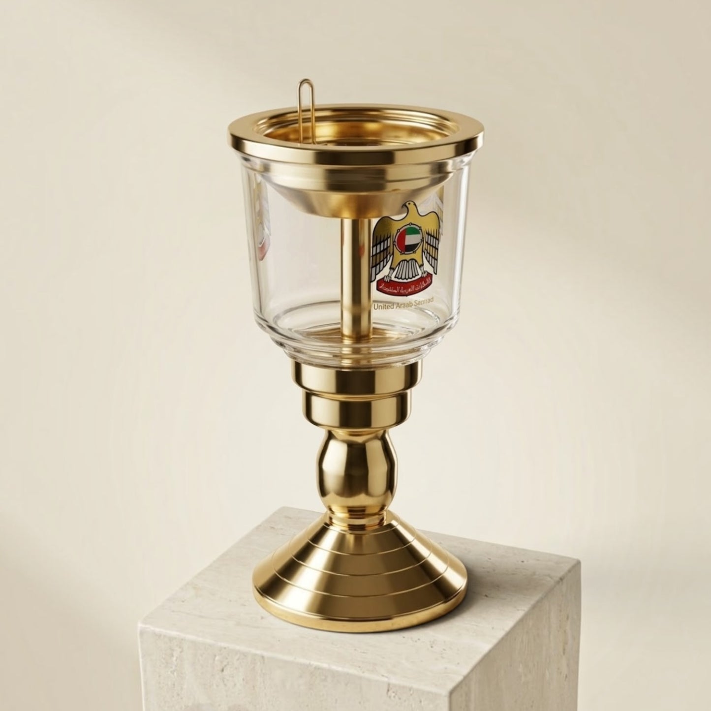 UAE Emblem Glass & Polished Gold Pedestal Incense Burner