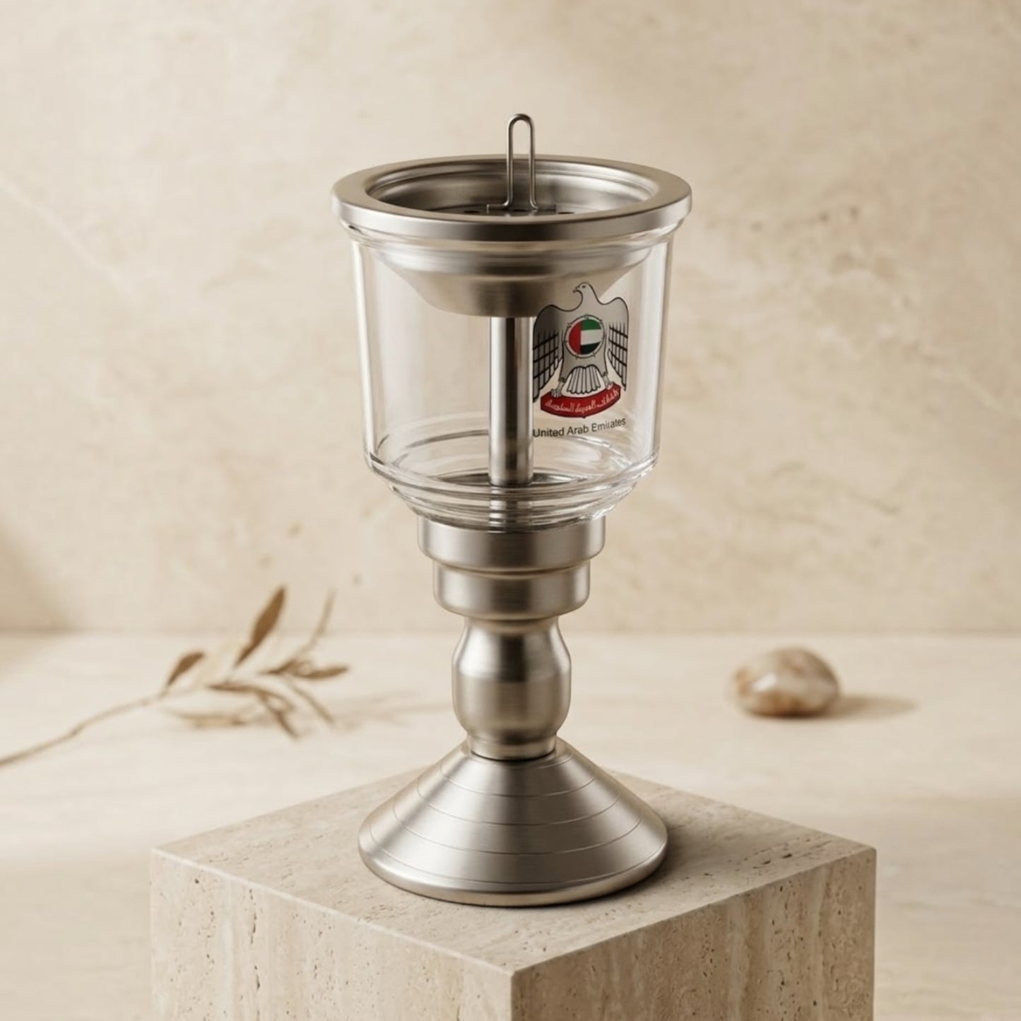 UAE Emblem Matte Glass & Brushed Stainless Steel Pedestal Incense Burner