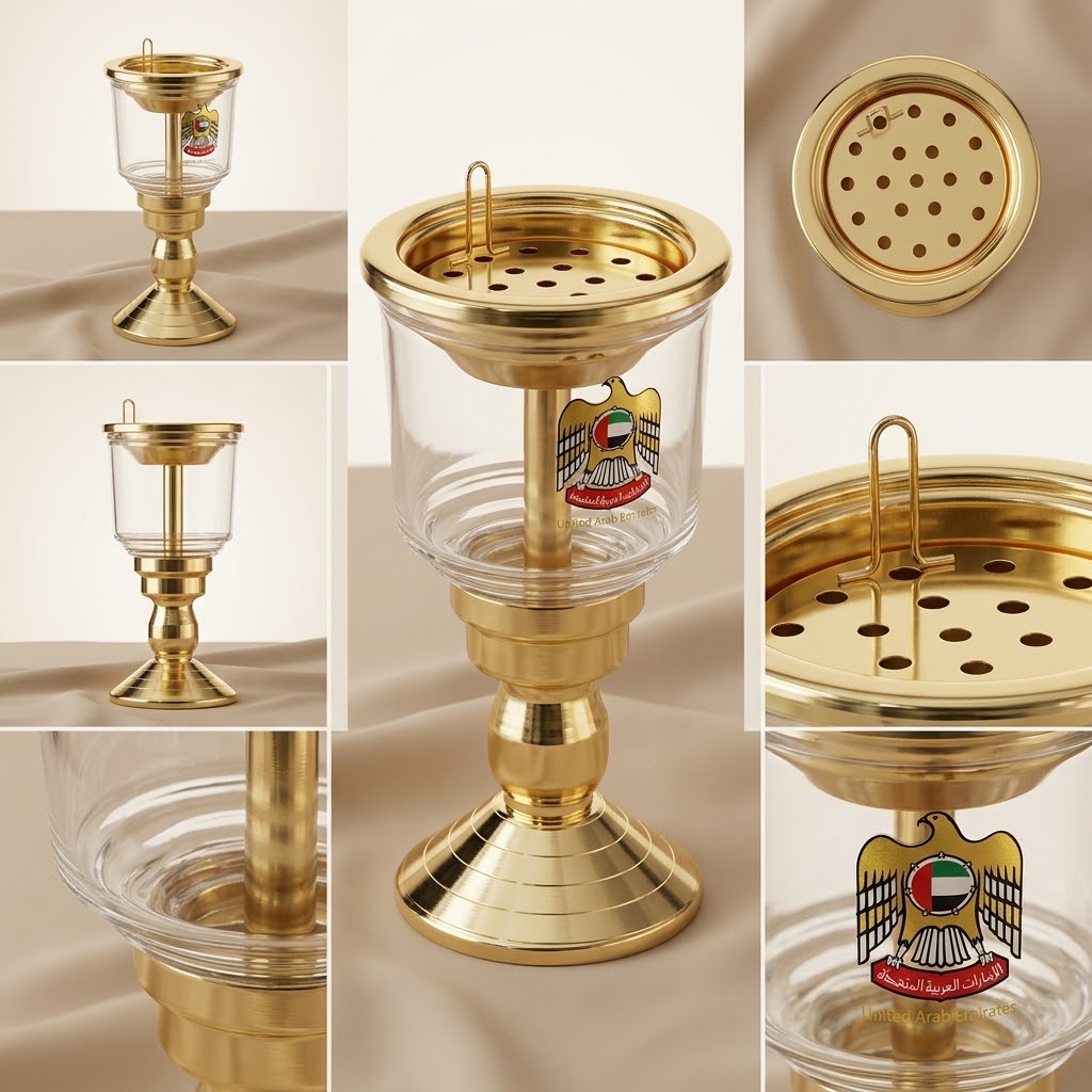 UAE Emblem Glass & Polished Gold Pedestal Incense Burner