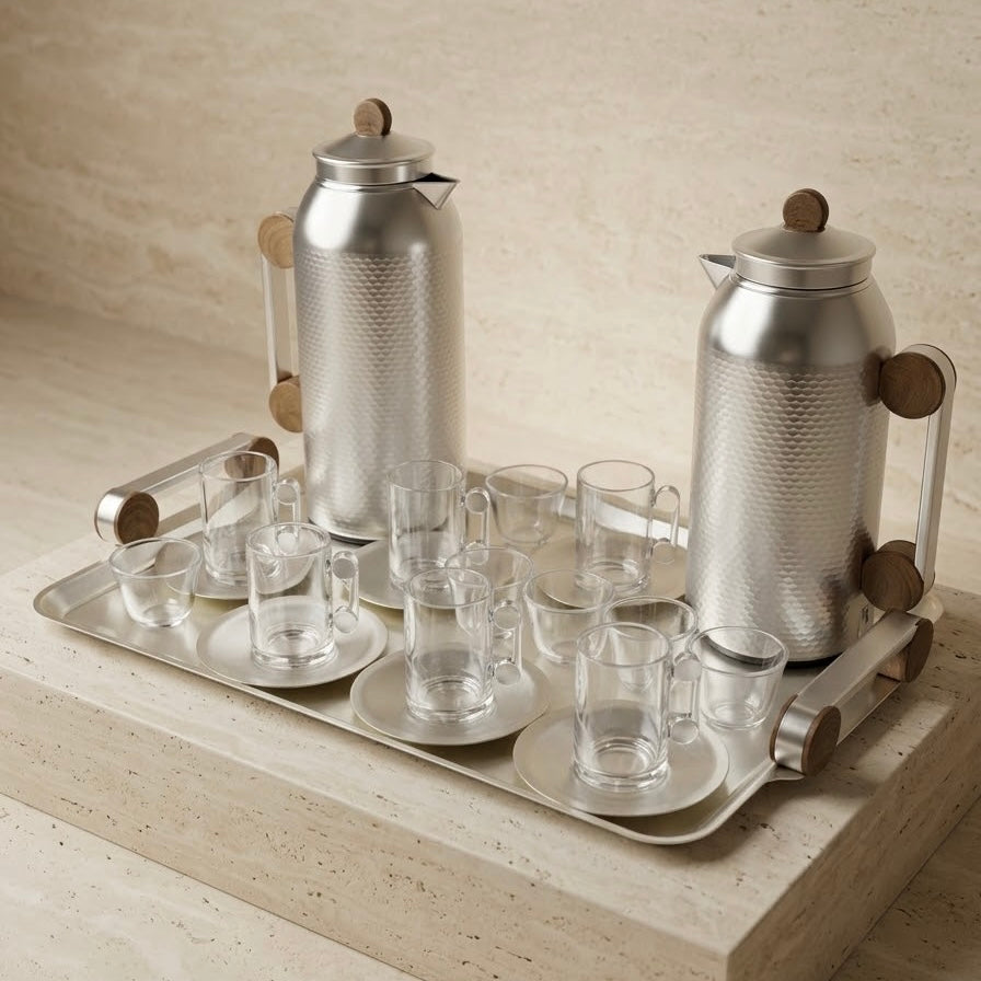 Modern 21-Piece Tea & Coffee Dallah Set – Matt Silver Wood Finish