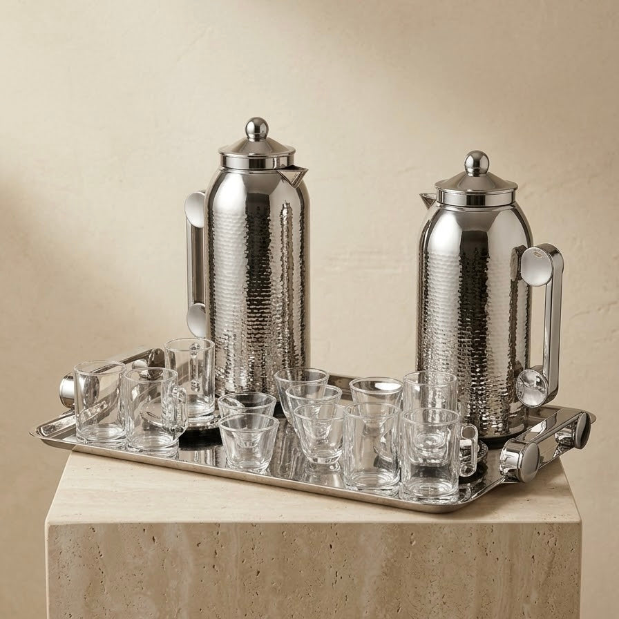 Classic 21-Piece Tea & Coffee Dallah Set – Bright Nickel Finish