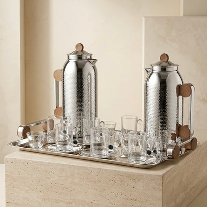 Elegant 21-Piece Tea & Coffee Dallah Set – Silver Wood Finish