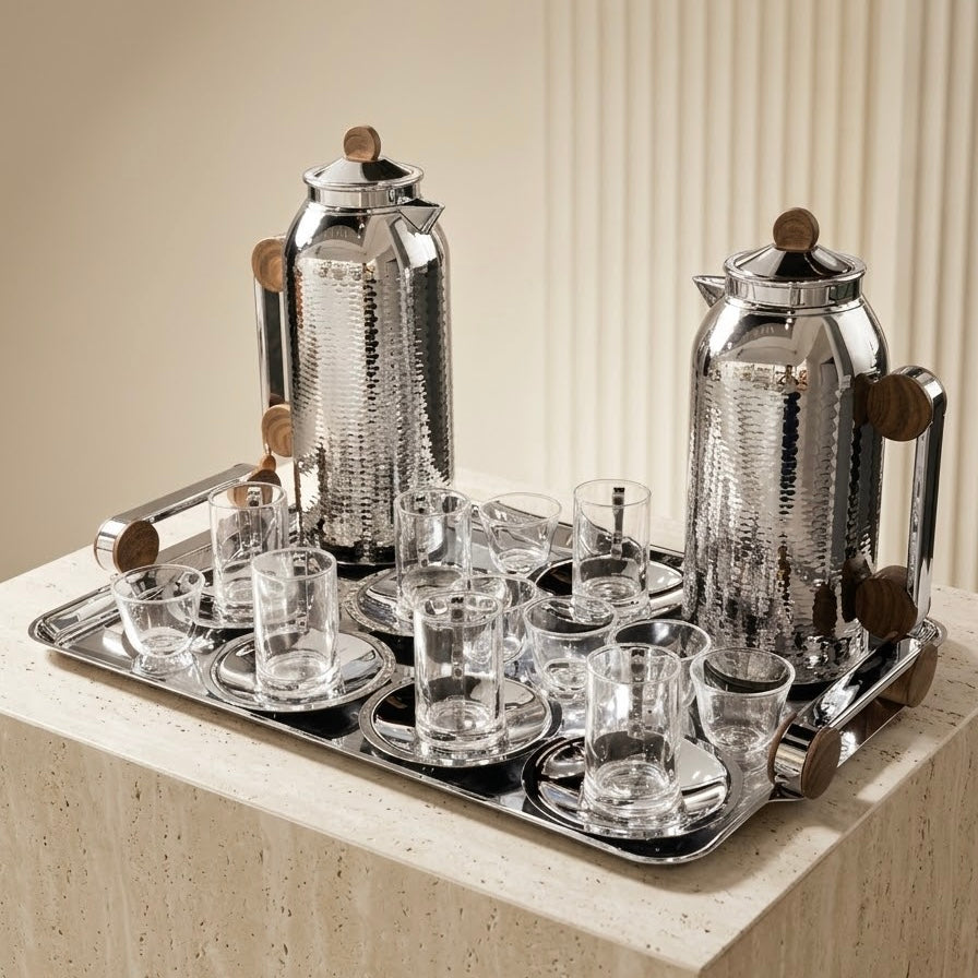 Luxury 21-Piece Tea & Coffee Dallah Set – Chrome Wood Finish