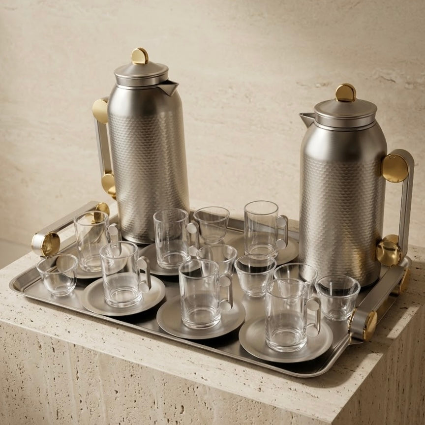 Royal 21-Piece Tea & Coffee Dallah Set – Matt Nickel Gold Finish