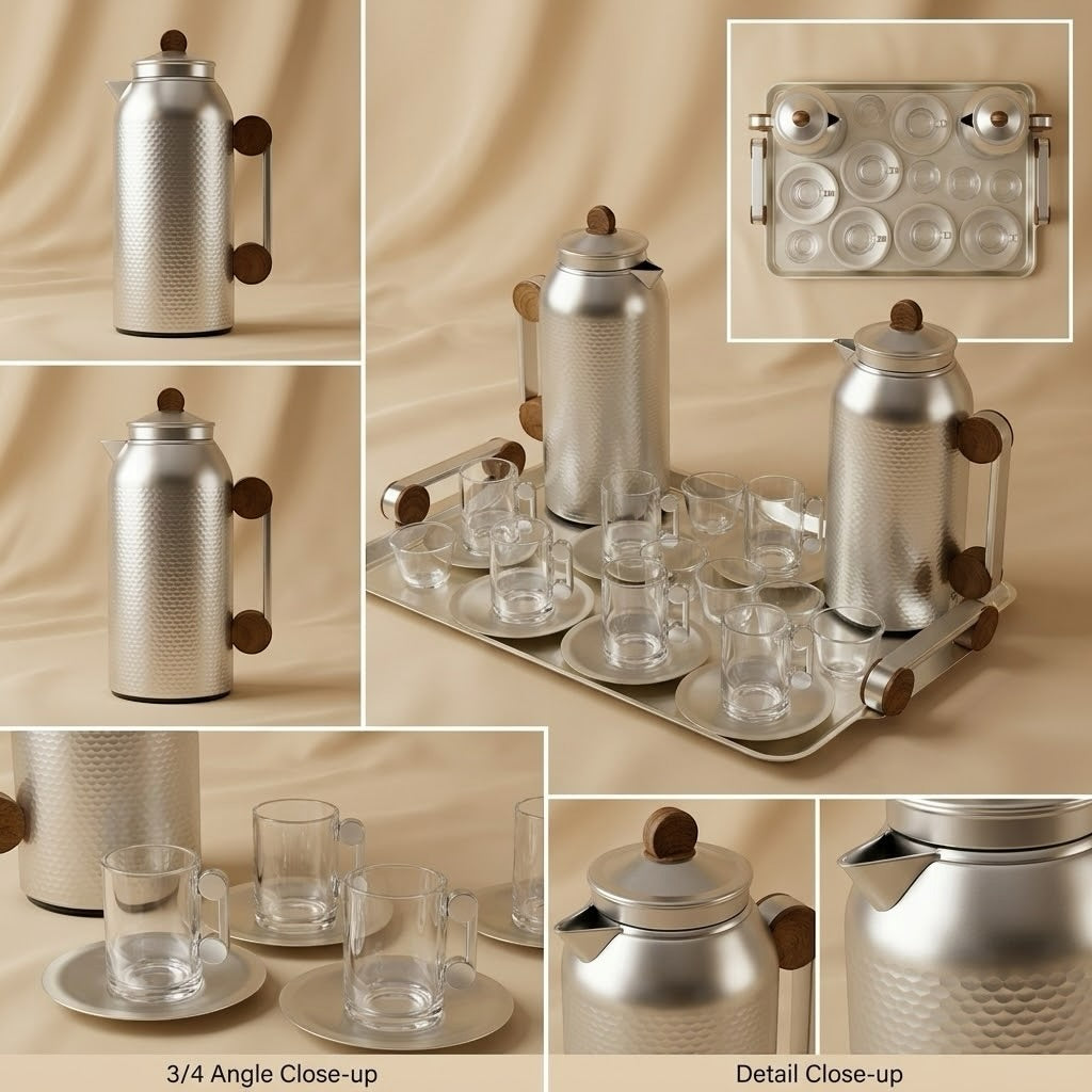 Modern 21-Piece Tea & Coffee Dallah Set – Matt Silver Wood Finish