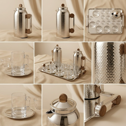 Elegant 21-Piece Tea & Coffee Dallah Set – Silver Wood Finish