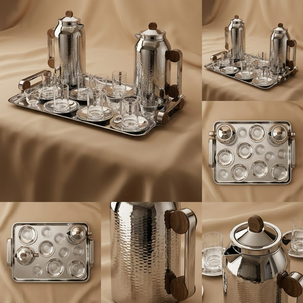 Luxury 21-Piece Tea & Coffee Dallah Set – Chrome Wood Finish