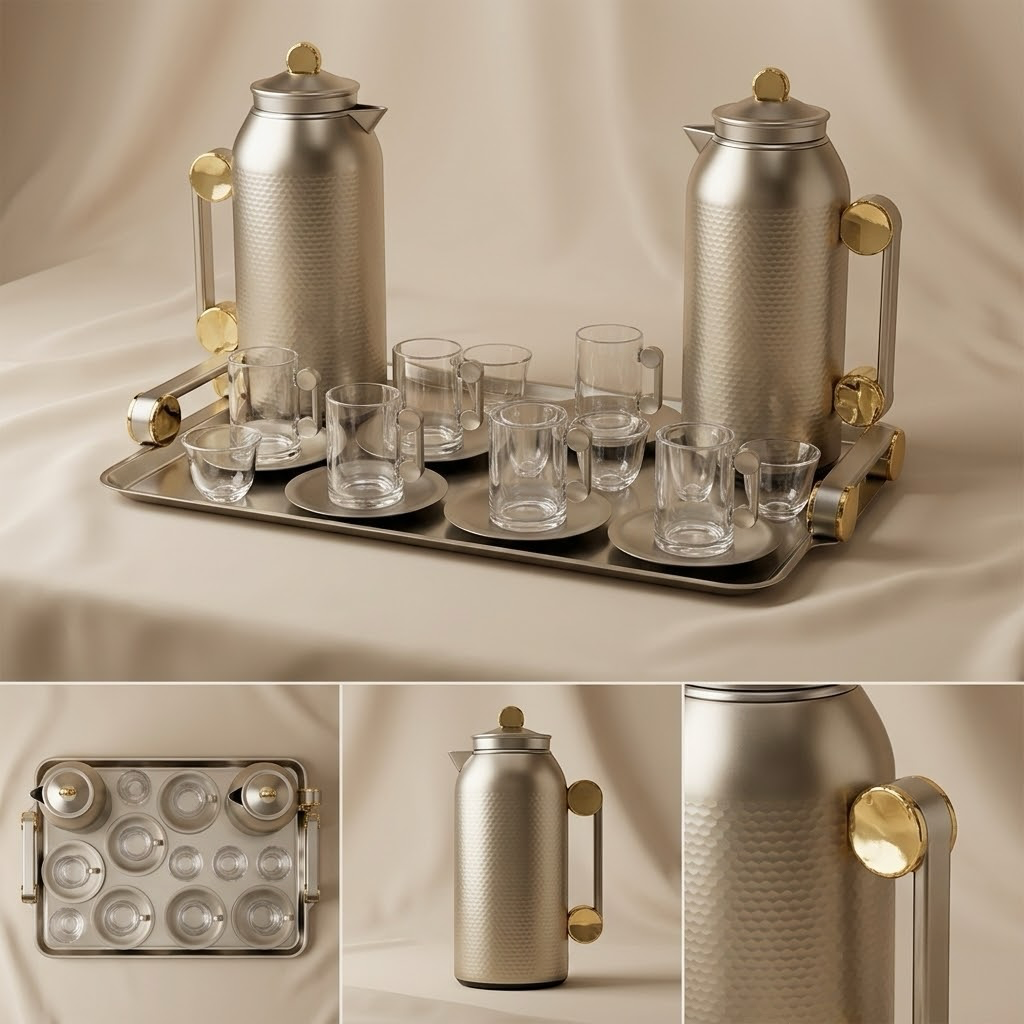 Royal 21-Piece Tea & Coffee Dallah Set – Matt Nickel Gold Finish