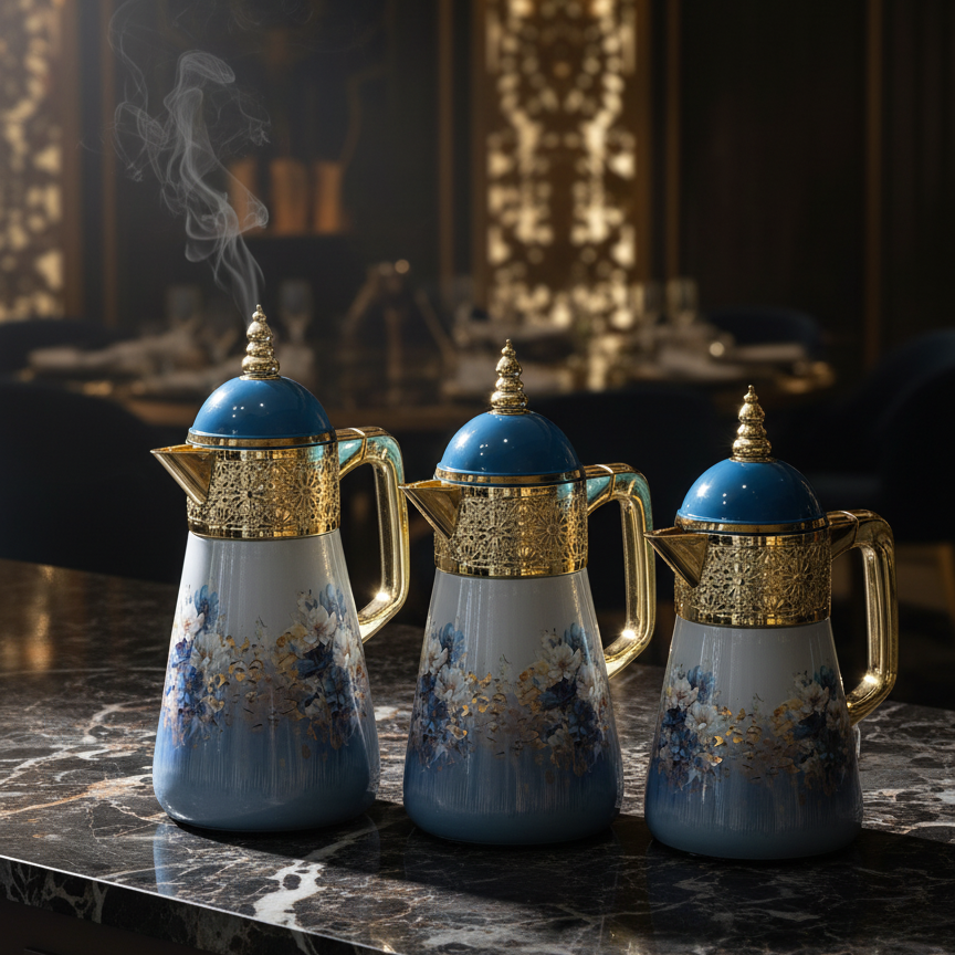 Elegant Floral Flask Set – 3 Pieces (1L + 0.7L + 0.5L) - Blue-Gold