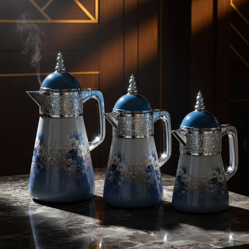 Elegant Floral Flask Set – 3 Pieces (1L + 0.7L + 0.5L) - Blue-Silver