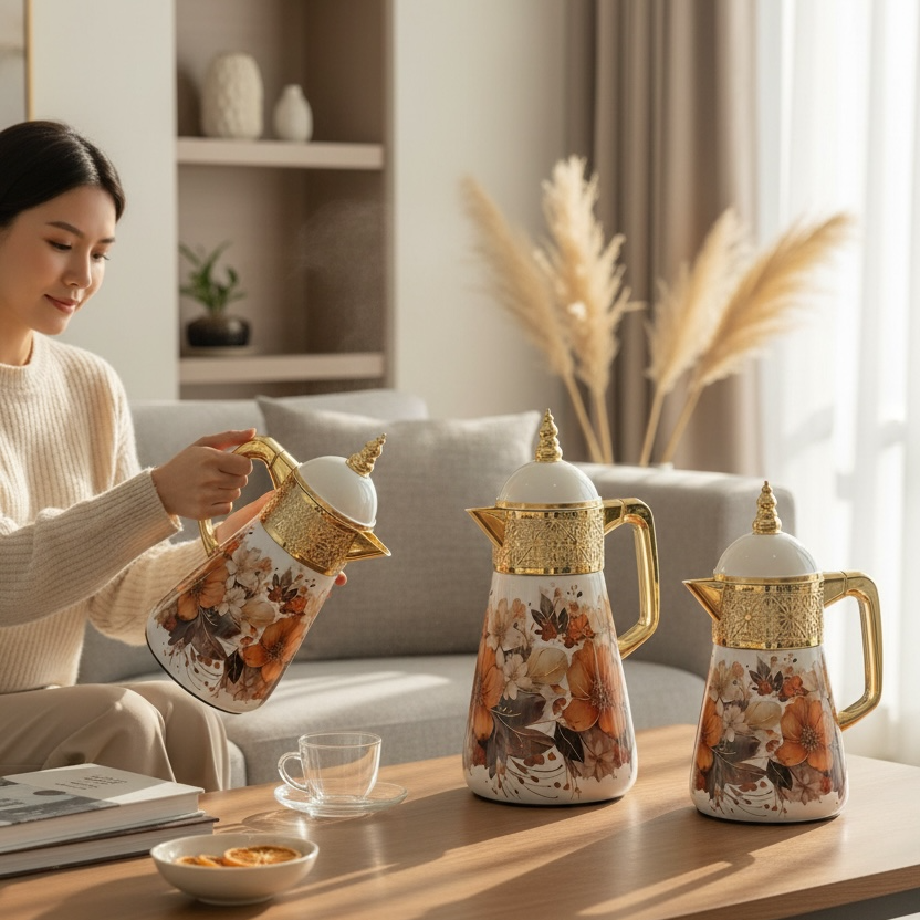 Elegant Floral Flask Set – 3 Pieces (1L + 0.7L + 0.5L) - Orange-Gold