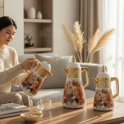 Elegant Floral Flask Set – 3 Pieces (1L + 0.7L + 0.5L) - Orange-Gold