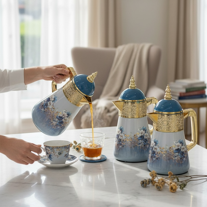 Elegant Floral Flask Set – 3 Pieces (1L + 0.7L + 0.5L) - Blue-Gold