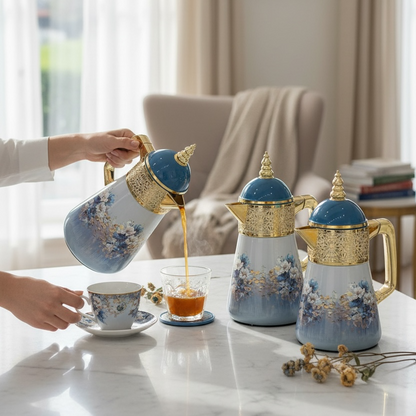 Elegant Floral Flask Set – 3 Pieces (1L + 0.7L + 0.5L) - Blue-Gold