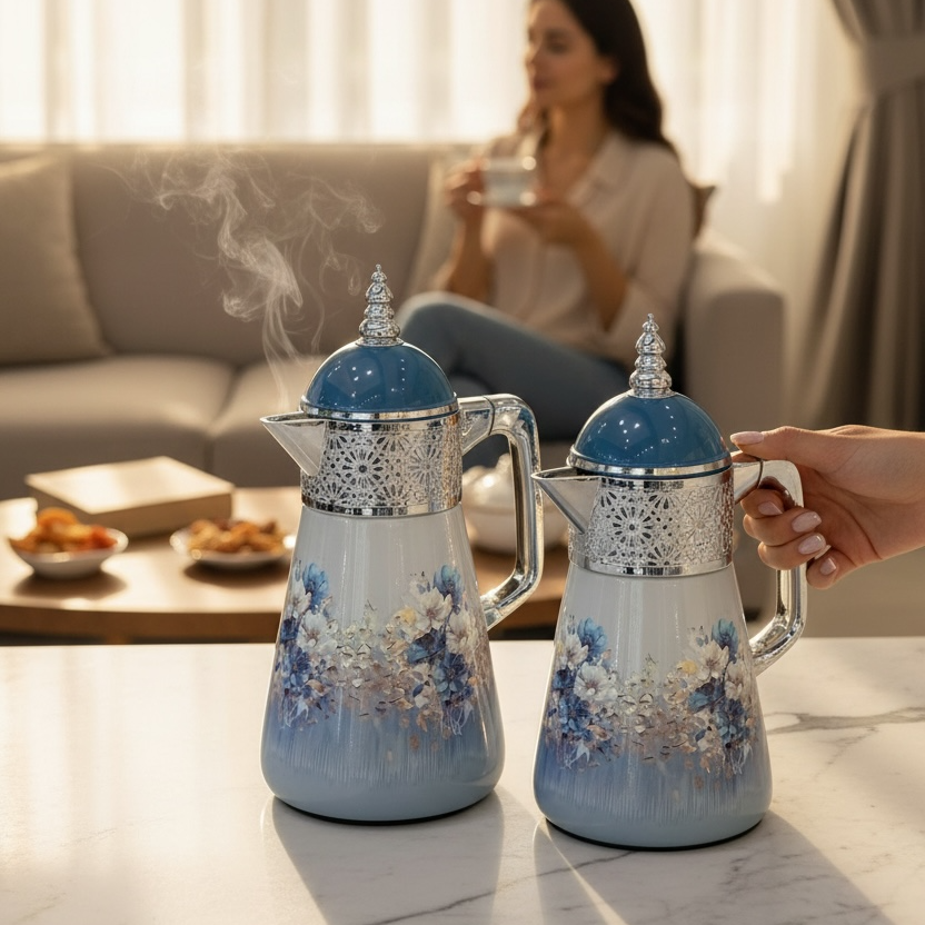 Elegant Floral Flask Set – 3 Pieces (1L + 0.7L + 0.5L) - Blue-Silver