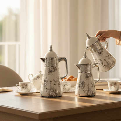 Elegant Floral Flask Set – 3 Pieces (1L + 0.7L + 0.5L) - Bird-Silver