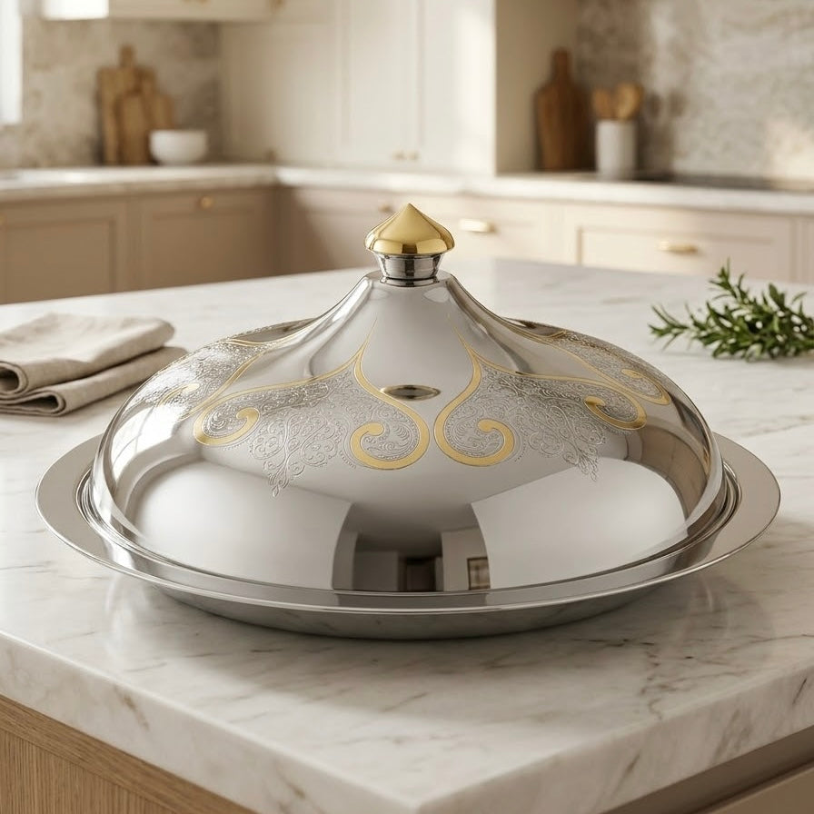 Salma Stainless Steel Serving Dish with Gold Accents – 60 cm