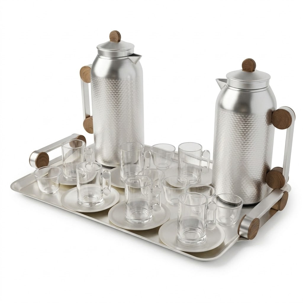 Modern 21-Piece Tea & Coffee Dallah Set – Matt Silver Wood Finish