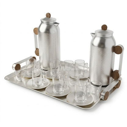 Modern 21-Piece Tea & Coffee Dallah Set – Matt Silver Wood Finish