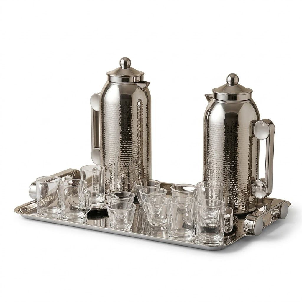 Classic 21-Piece Tea & Coffee Dallah Set – Bright Nickel Finish