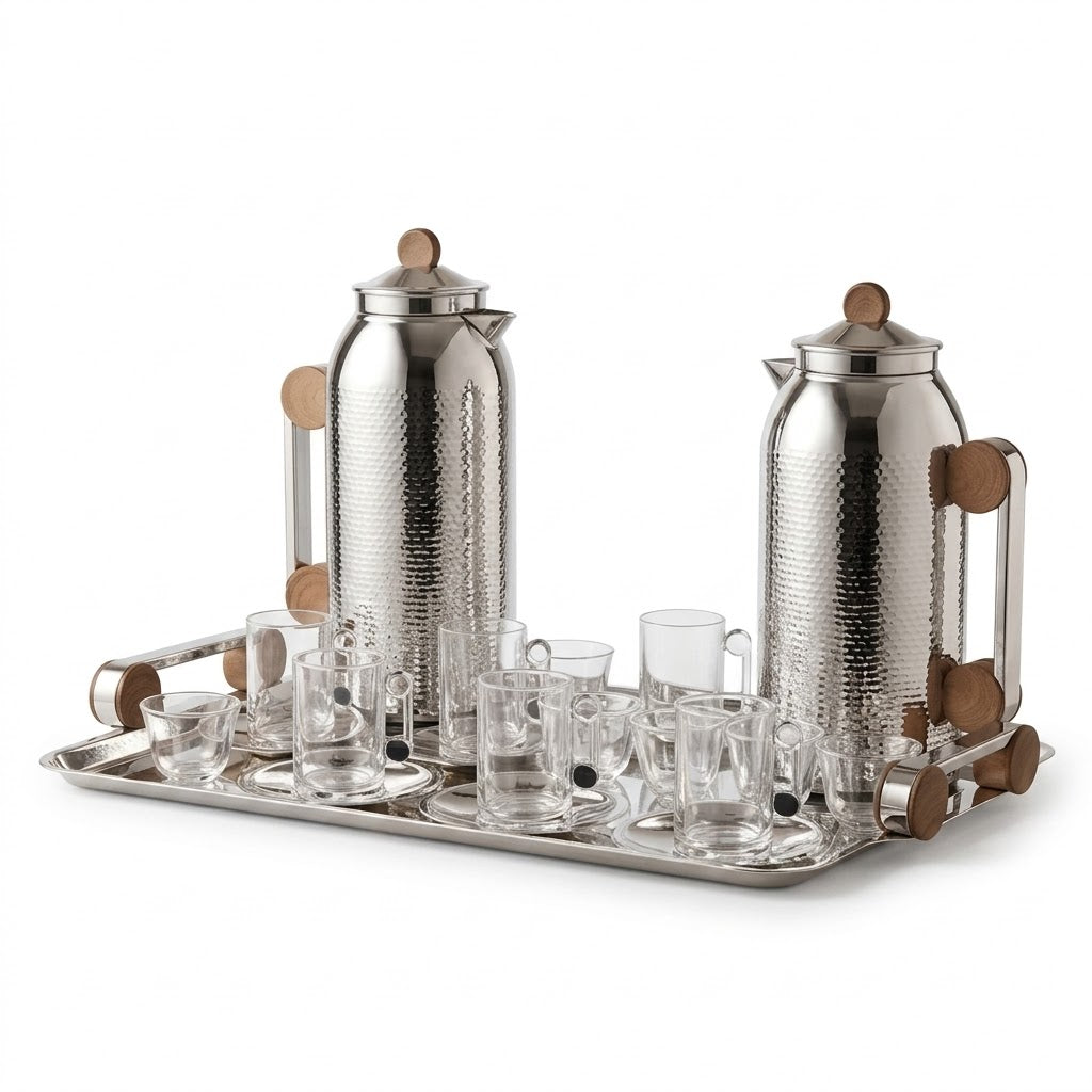 Elegant 21-Piece Tea & Coffee Dallah Set – Silver Wood Finish