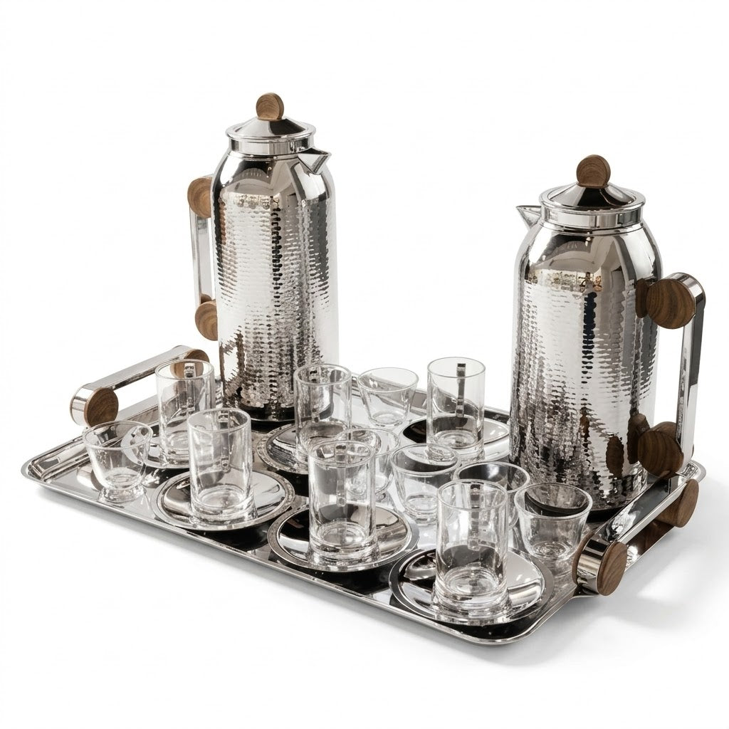 Luxury 21-Piece Tea & Coffee Dallah Set – Chrome Wood Finish