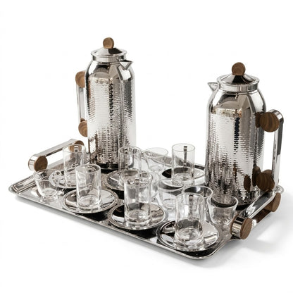 Luxury 21-Piece Tea & Coffee Dallah Set – Chrome Wood Finish