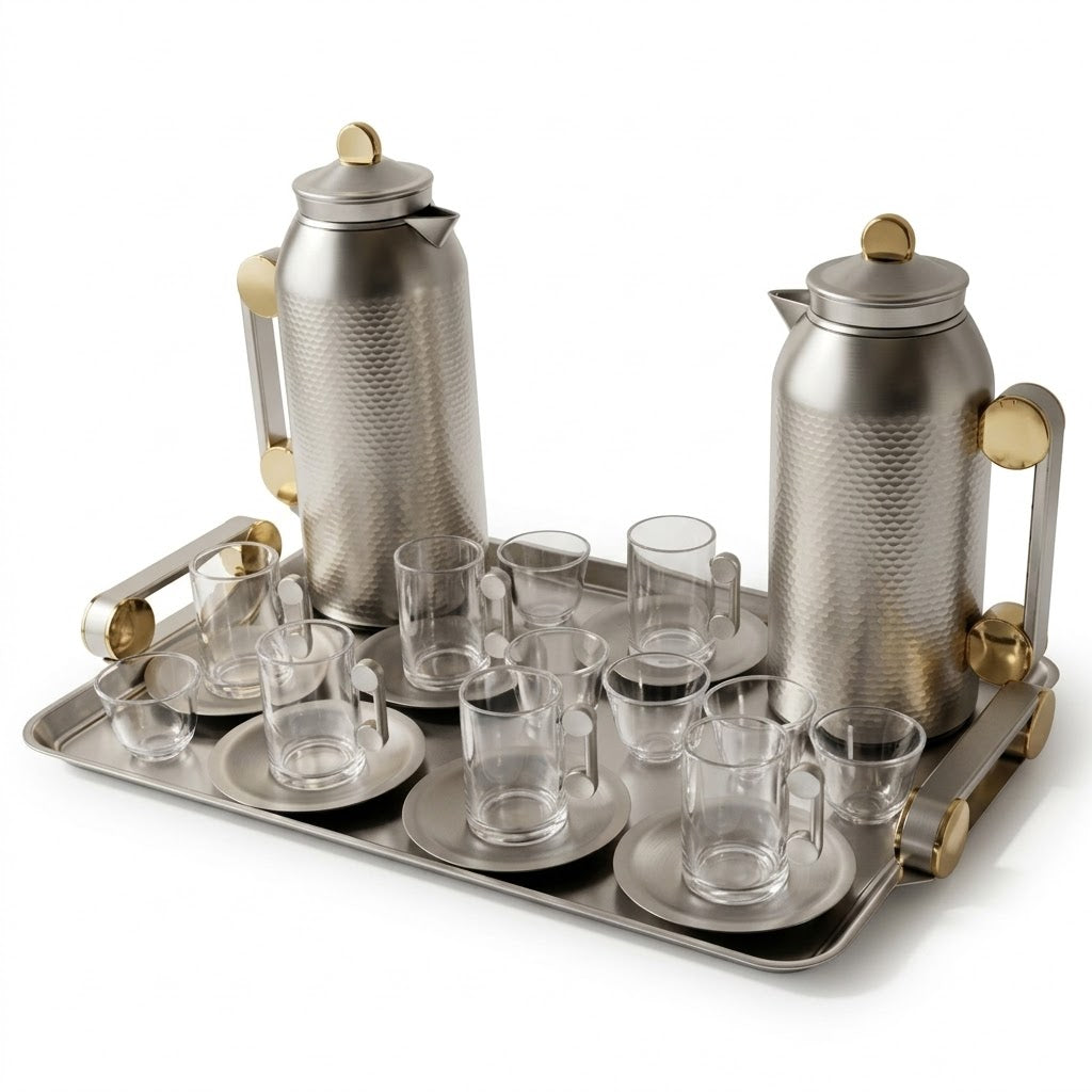 Royal 21-Piece Tea & Coffee Dallah Set – Matt Nickel Gold Finish
