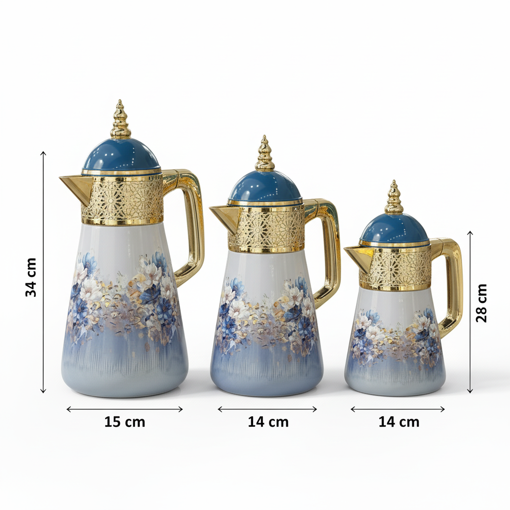 Elegant Floral Flask Set – 3 Pieces (1L + 0.7L + 0.5L) - Blue-Gold