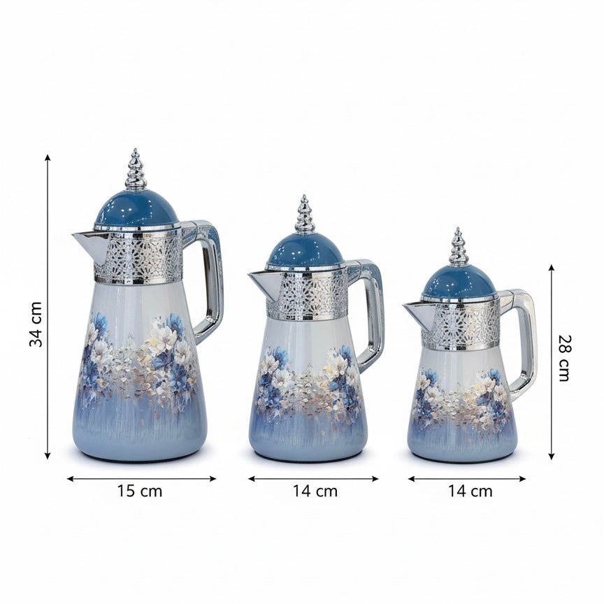Elegant Floral Flask Set – 3 Pieces (1L + 0.7L + 0.5L) - Blue-Silver