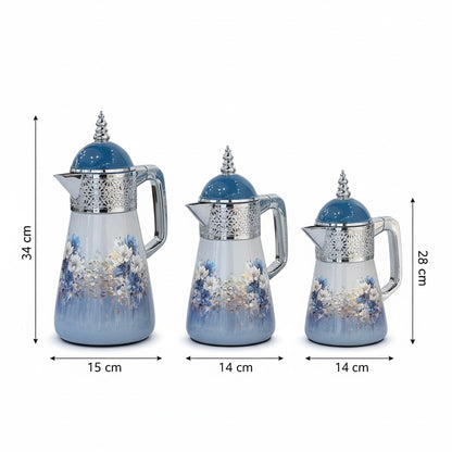 Elegant Floral Flask Set – 3 Pieces (1L + 0.7L + 0.5L) - Blue-Silver
