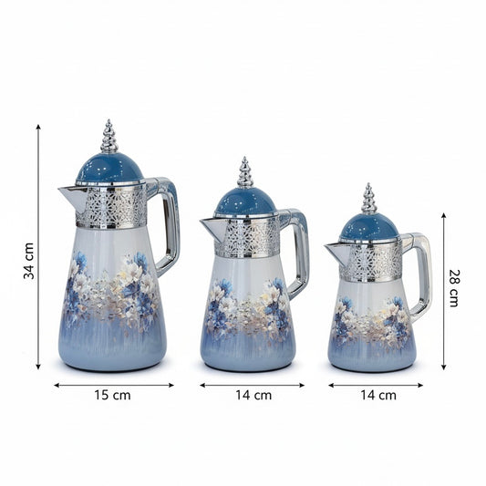 Elegant Floral Flask Set – 3 Pieces (1L + 0.7L + 0.5L) - Blue-Silver