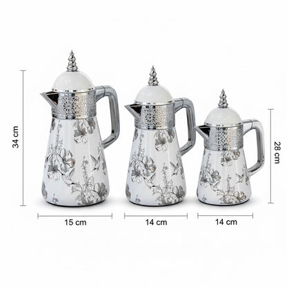 Elegant Floral Flask Set – 3 Pieces (1L + 0.7L + 0.5L) - Bird-Silver