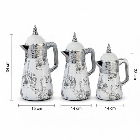 Elegant Floral Flask Set – 3 Pieces (1L + 0.7L + 0.5L) - Bird-Silver