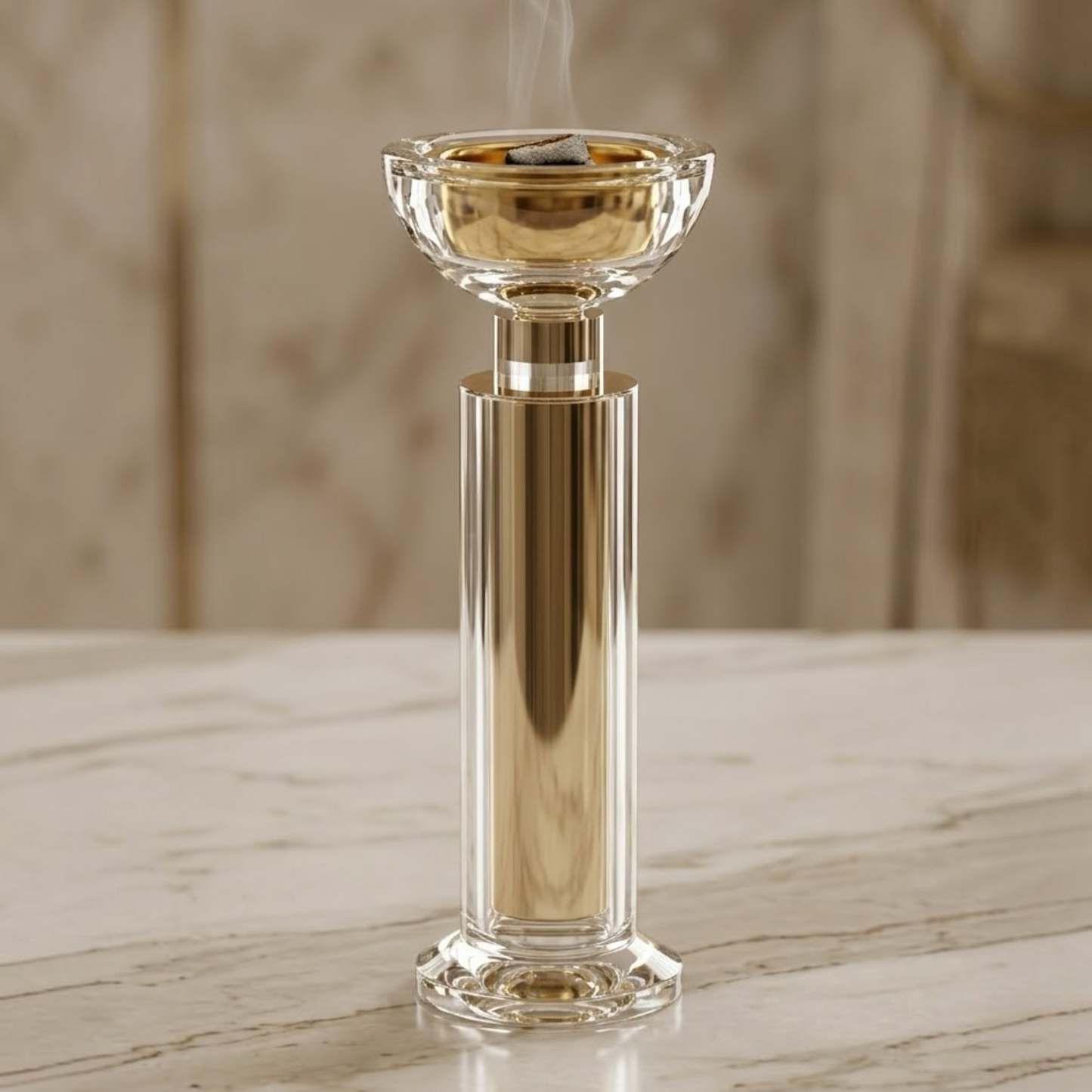 Title:  Luxury Crystal & Gold Pillar Incense Burner (22.5 cm)
