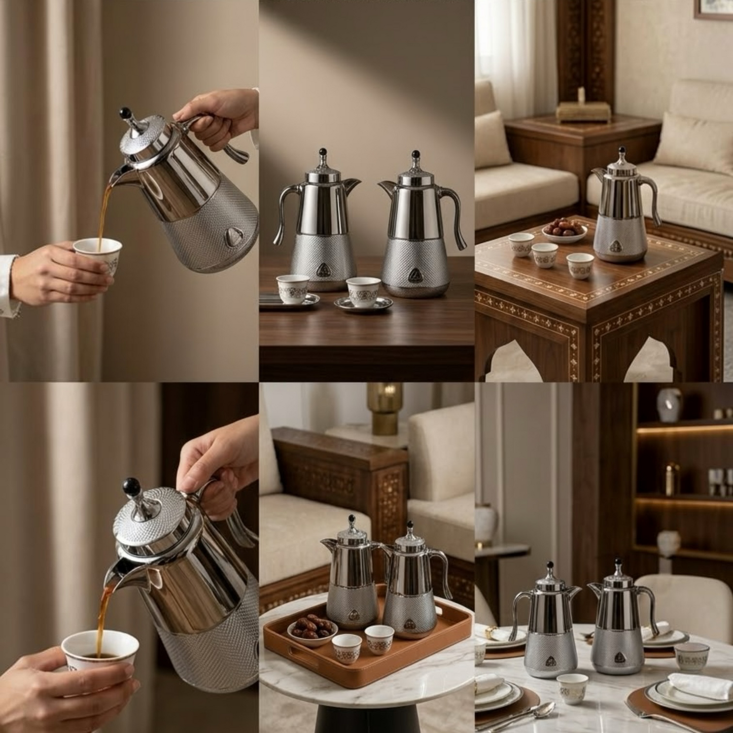 Luxury Chrome Silver Tea & Coffee Dallah Set (2 x 1.0L)