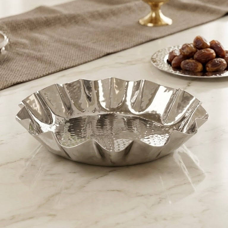 Hammered Silver Fruit Serving Bowl (Small – 29 cm) – Fluted Wavy Design
