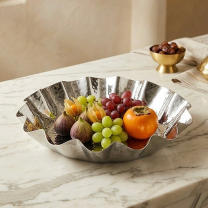 Large Hammered Silver Fruit Serving Bowl (36 cm) – Fluted Wavy Design