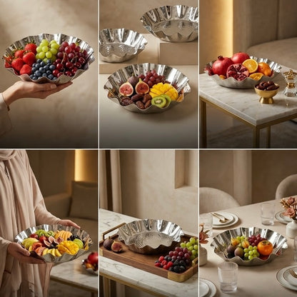 Large Hammered Silver Fruit Serving Bowl (36 cm) – Fluted Wavy Design