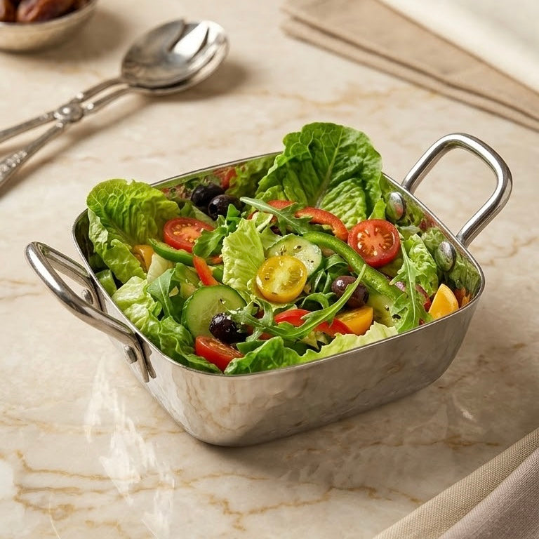 Square Stainless Steel Salad & Serving Bowl with Handles (M– 14 cm)