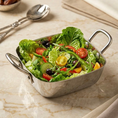 Square Stainless Steel Salad & Serving Bowl with Handles (M– 14 cm)